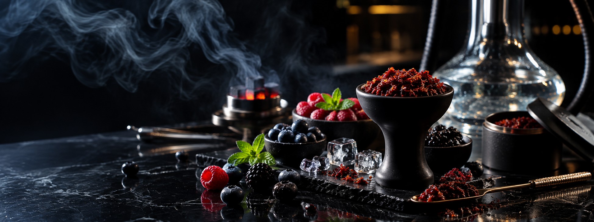 CLOUD Mixes — berries and charcoal beside a hookah bowl