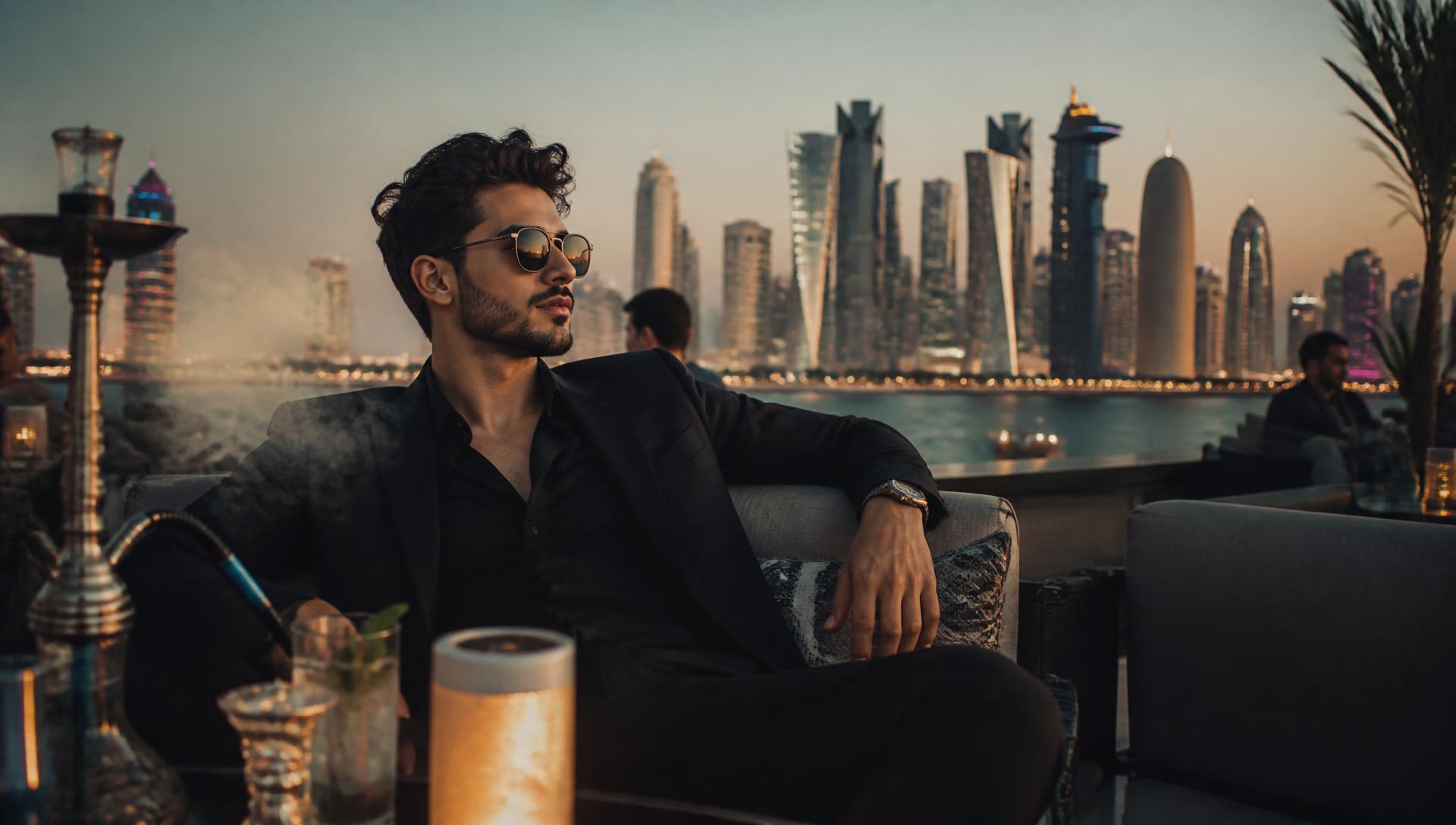 Guest relaxing with a CLOUD. shisha at a Doha rooftop lounge