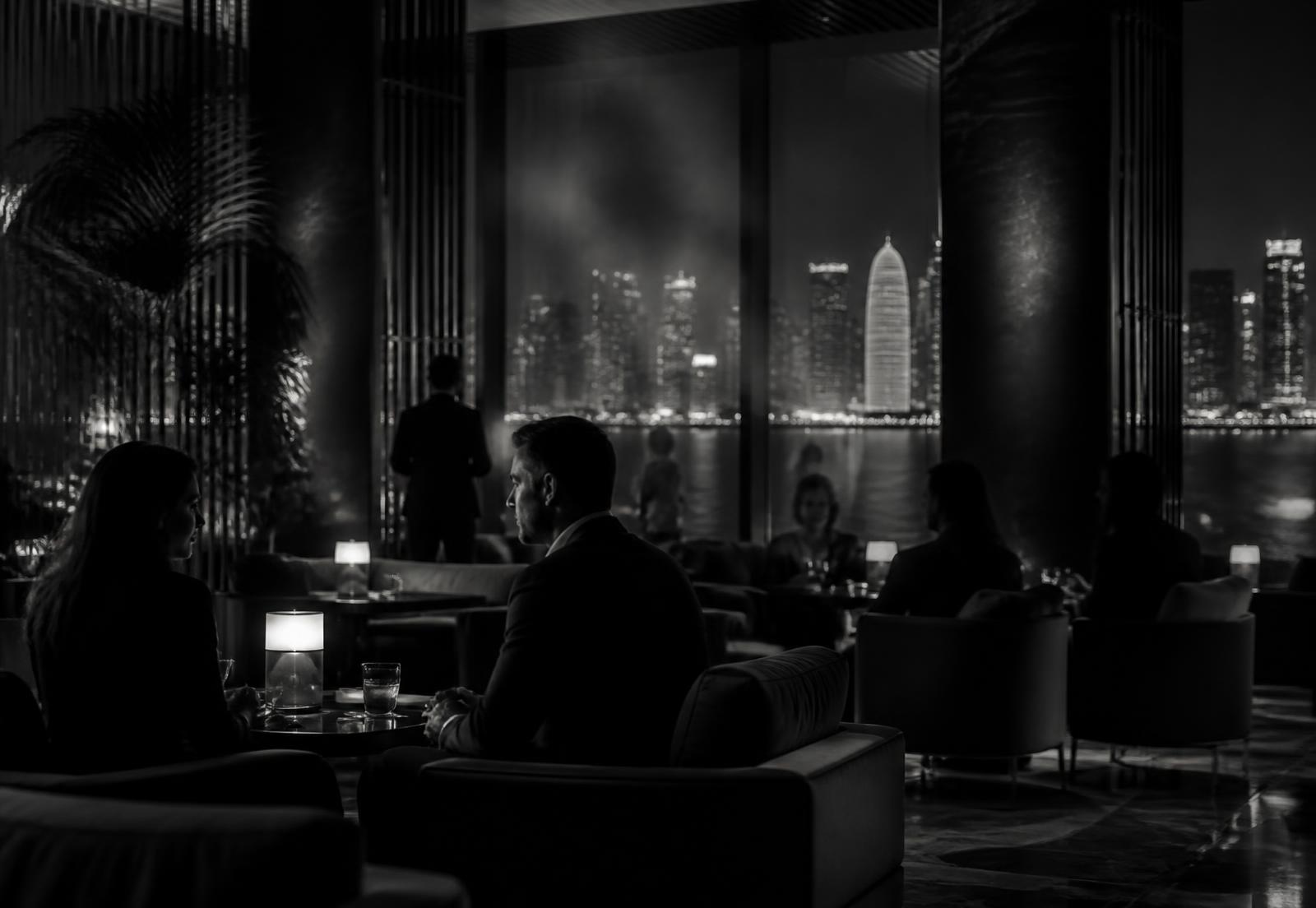 A dark, atmospheric lounge overlooking the Doha skyline at night